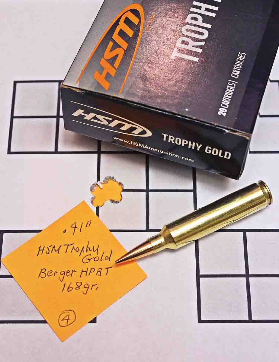 The tightest group with factory ammunition was .41 inch using HSM Trophy Gold with Berger’s 168-grain HPBT bullets.